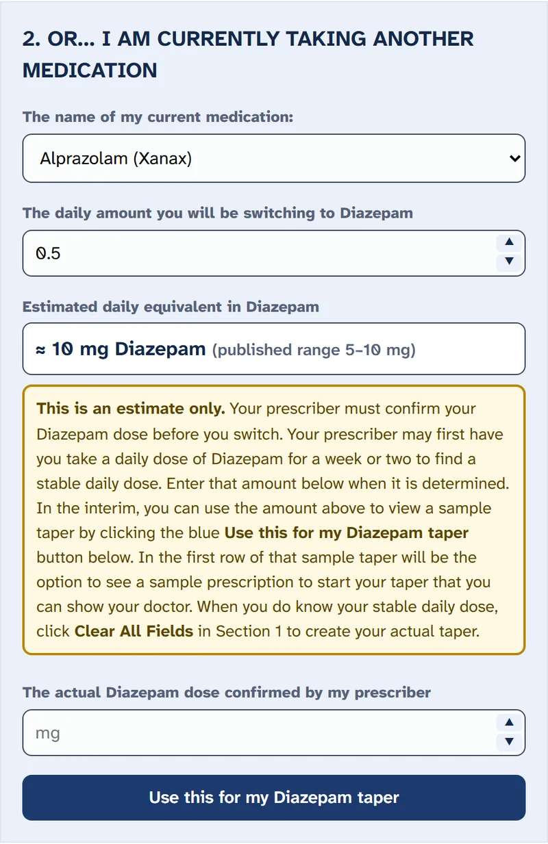 Section 2 of the sheet: Alprazolam (Xanax), 0.5 mg a day, estimated as about 10 mg of Diazepam (published range 5 to 10 mg), with the gold note that your prescriber must confirm the dose, an empty box for the dose your prescriber confirms, and the Use this for my Diazepam taper button.